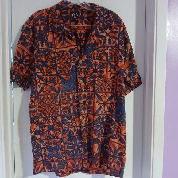 Volcom Men's Short Sleeve Button Up Orange Blue SZ M EUC - Picture 1 of 8
